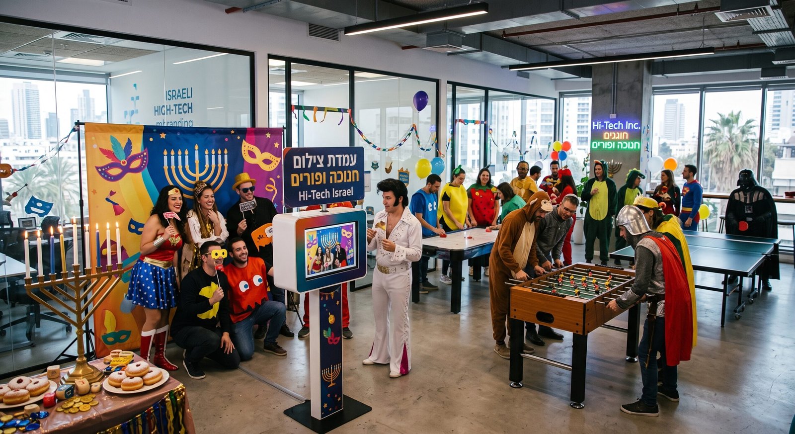 אירוע חנוכה ופורים במשרד: עמדת צילום ממותגת, עובדים בתחפושות, שולחן כדורגל ודוכן סופגניות
